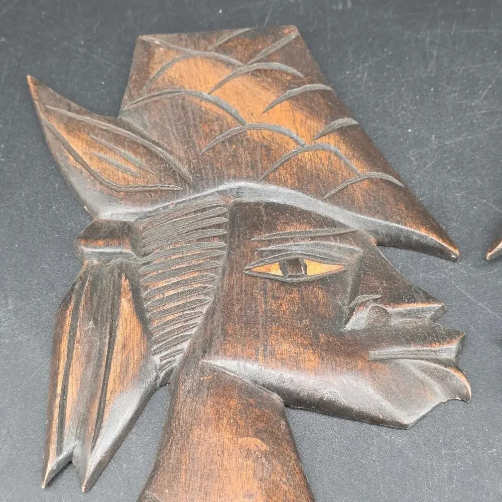 Pair Vintage African Hand Carved Wood Tribal Head Wall Art Sculptures Folk Art